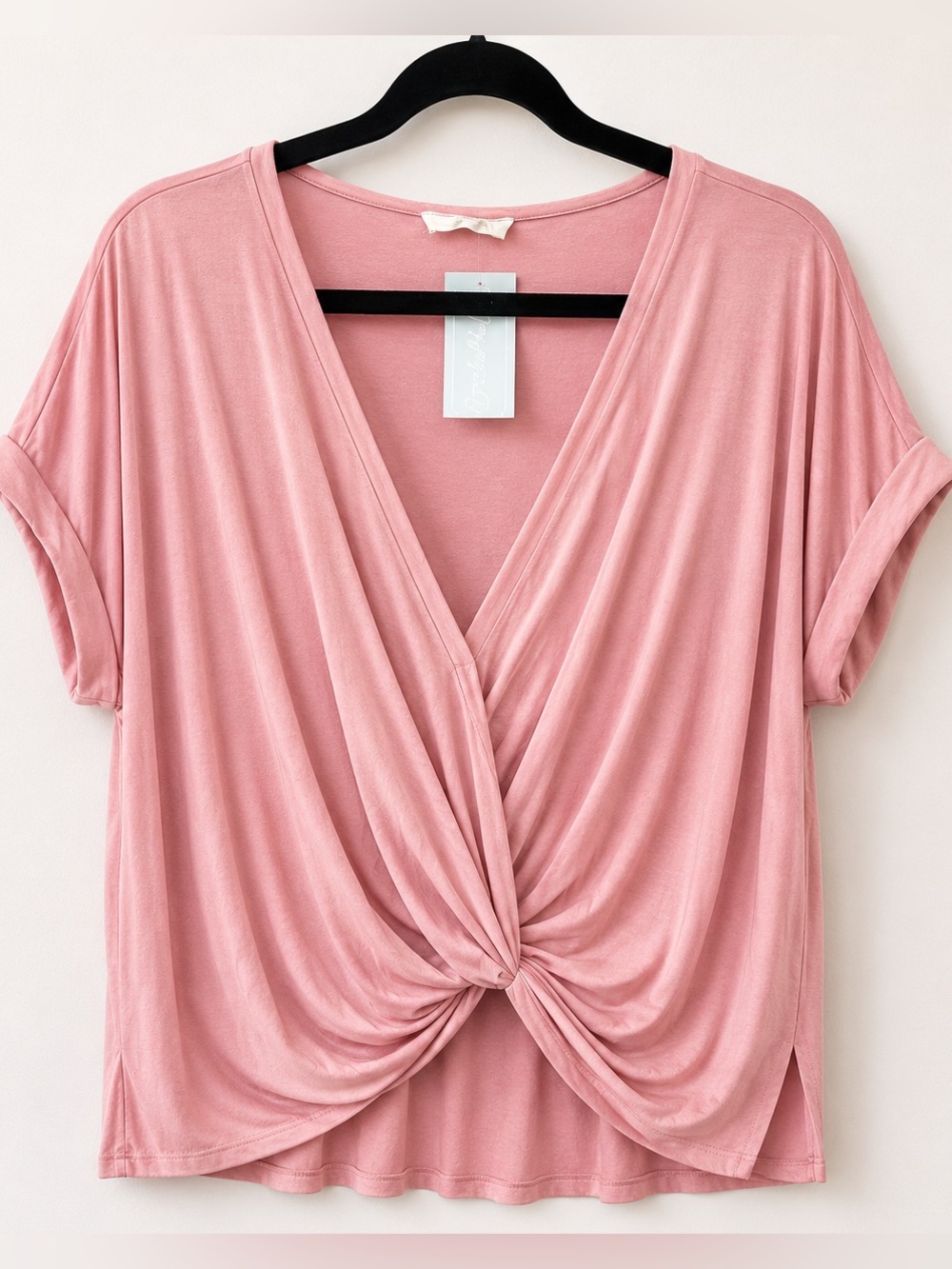 Double Zero Dusty Rose Twist-Front V-Neck Short Sleeve Top